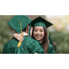Two happy graduates in green cap and gown