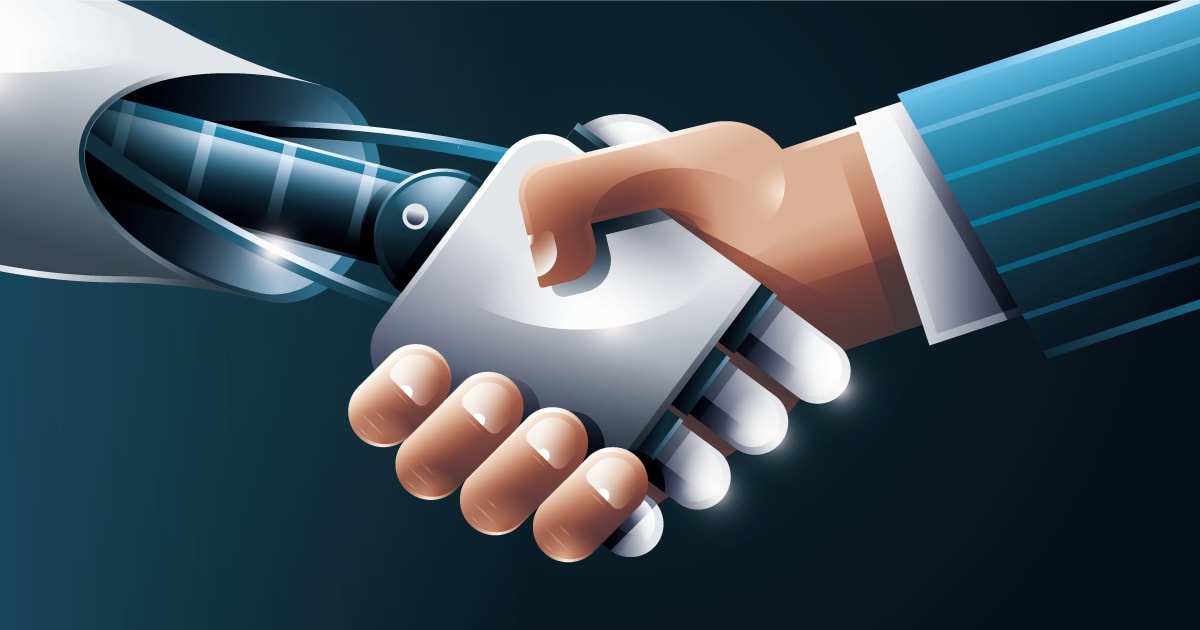 Graphic of a robot hand shaking a human hand