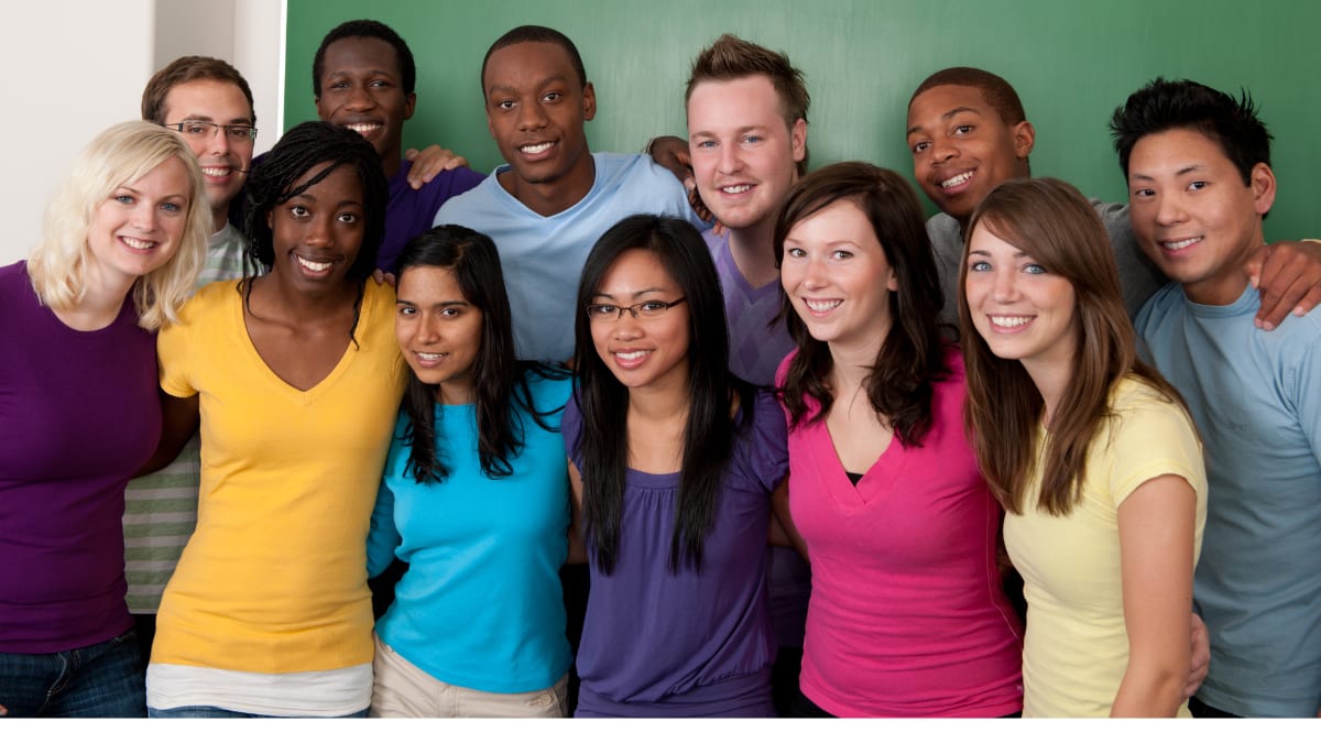 Big group of smiling students