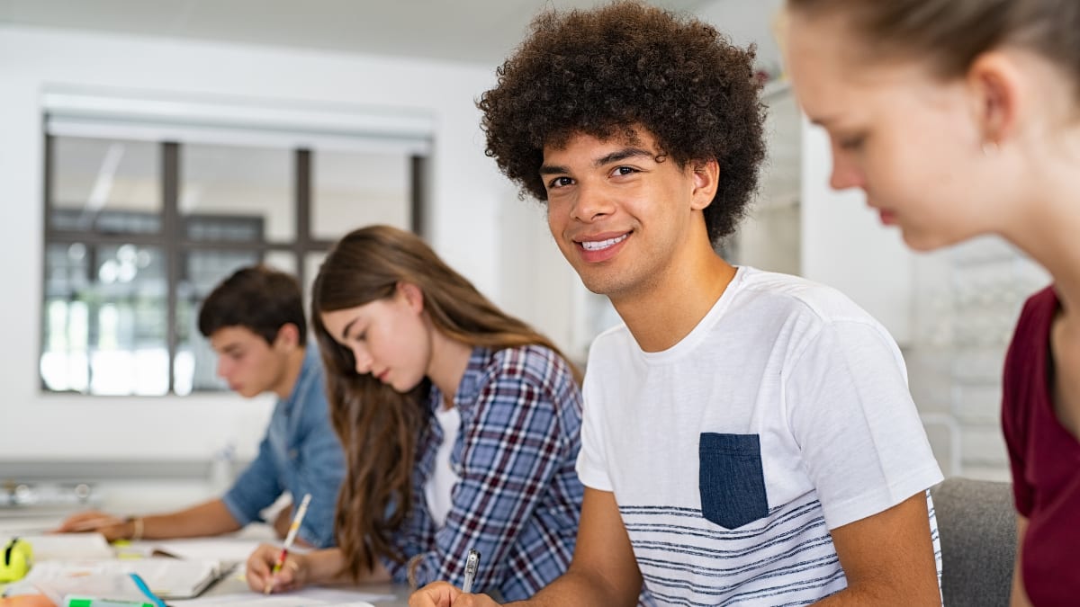 English students working at a table