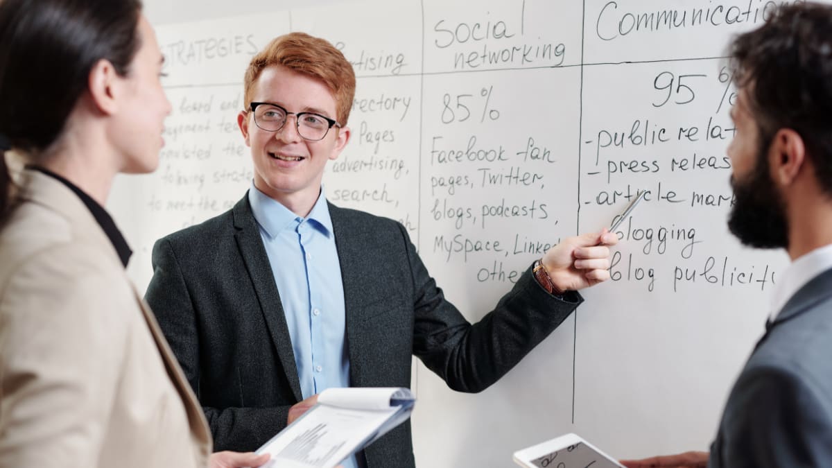 Man in glasses talking about public relations