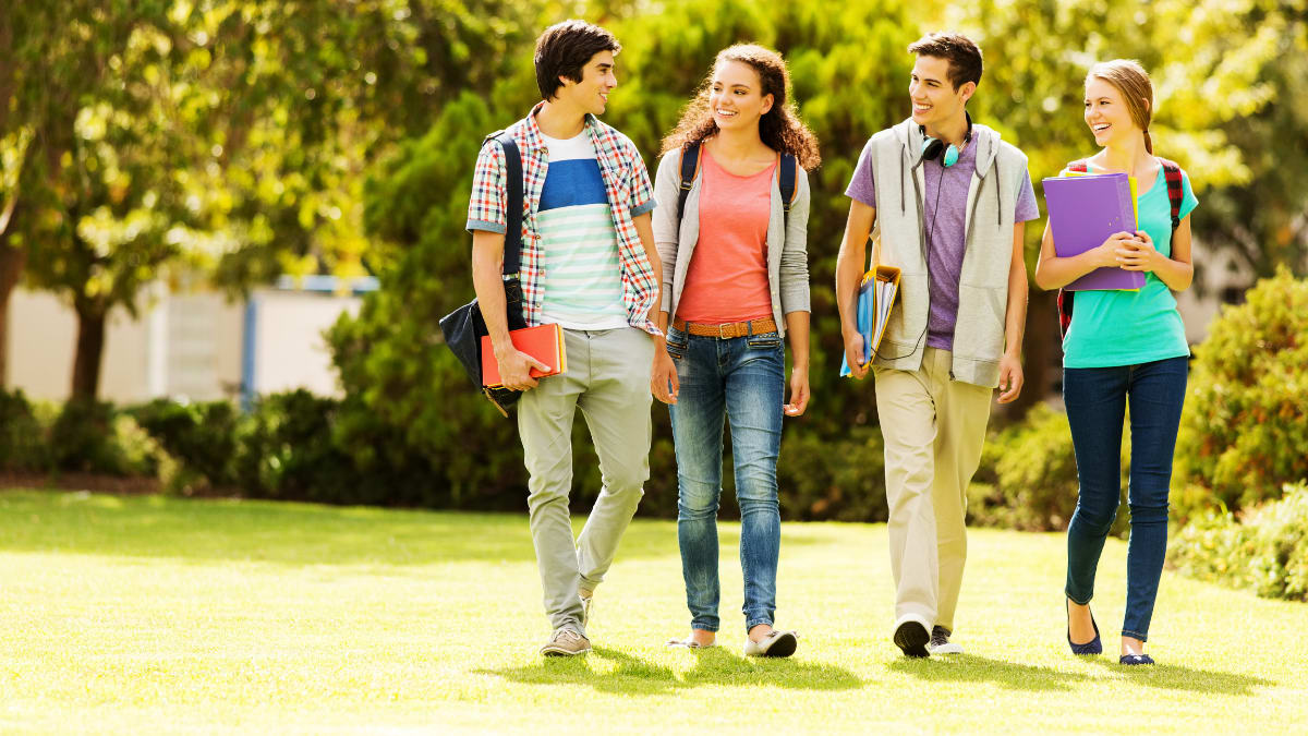 Four students walking together in a park