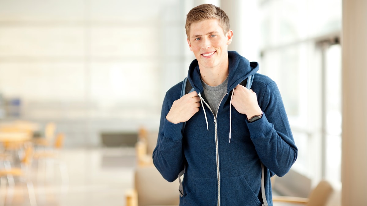 Student with a blue hoodie and backpack