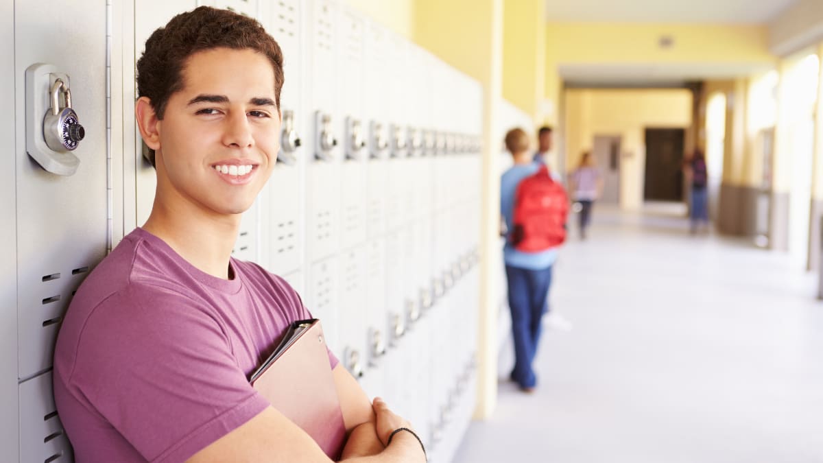 Student in a school hallway