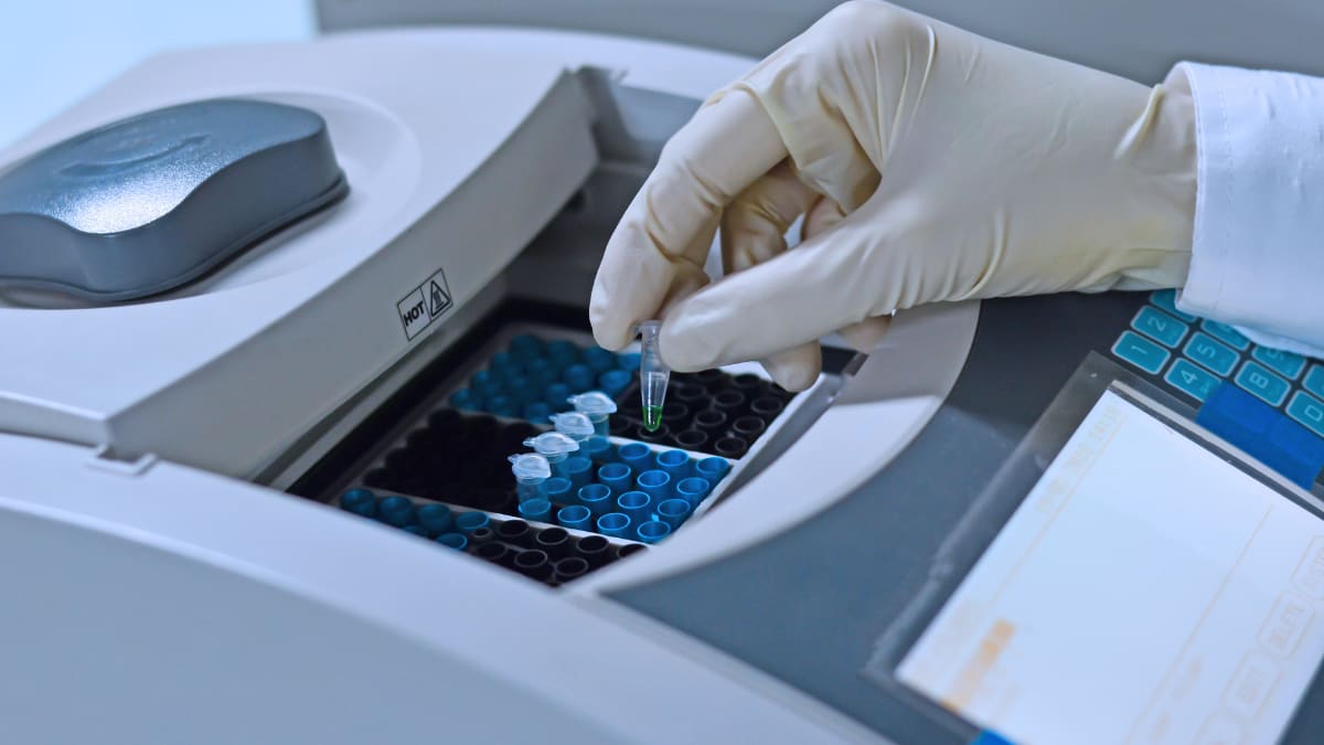 Scientist's hand putting a PCR tube into a PCR machine