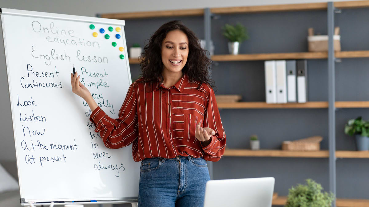 Female English teacher teaching an online class