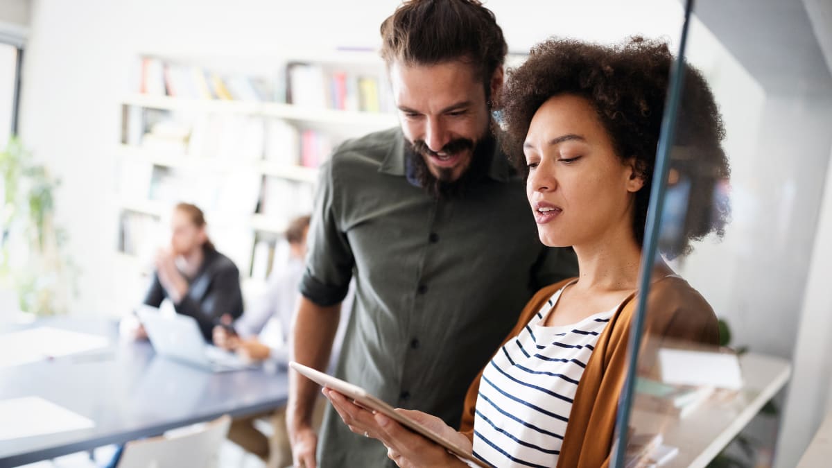 two programmers working together at an IT company