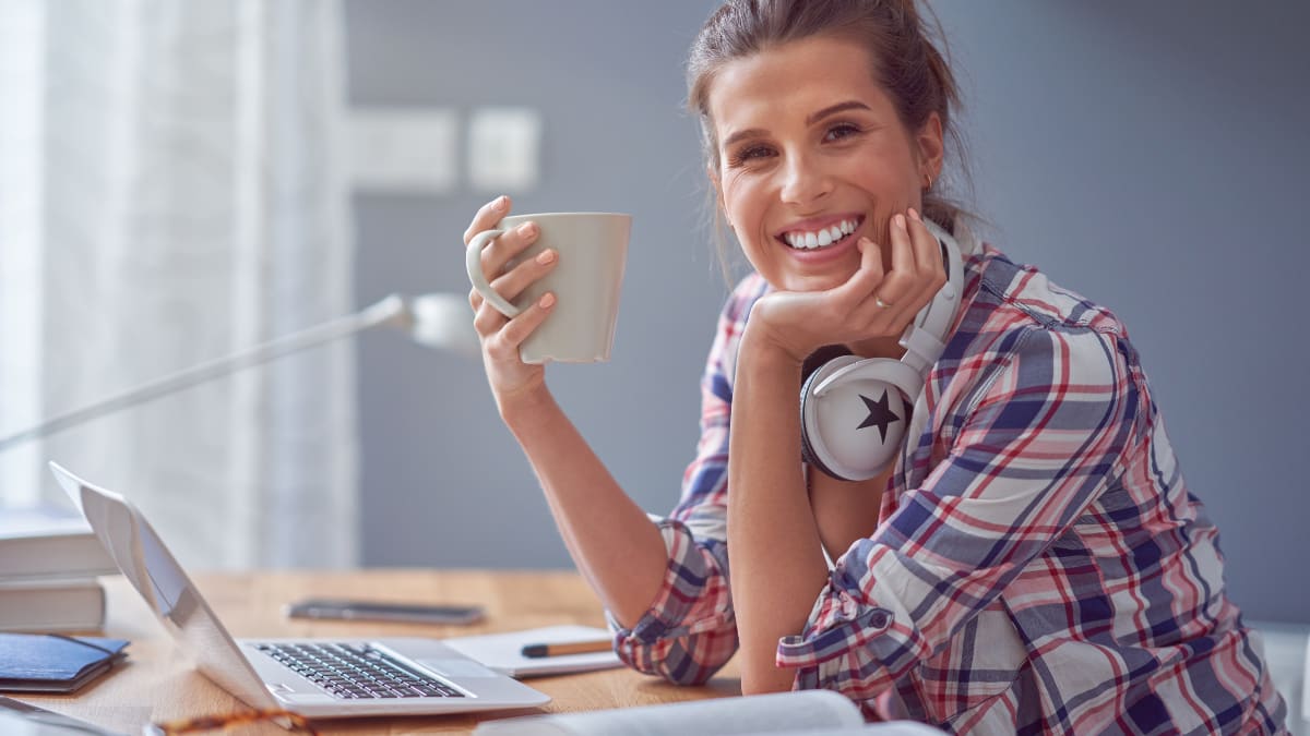 online student taking a break from working on online coursework