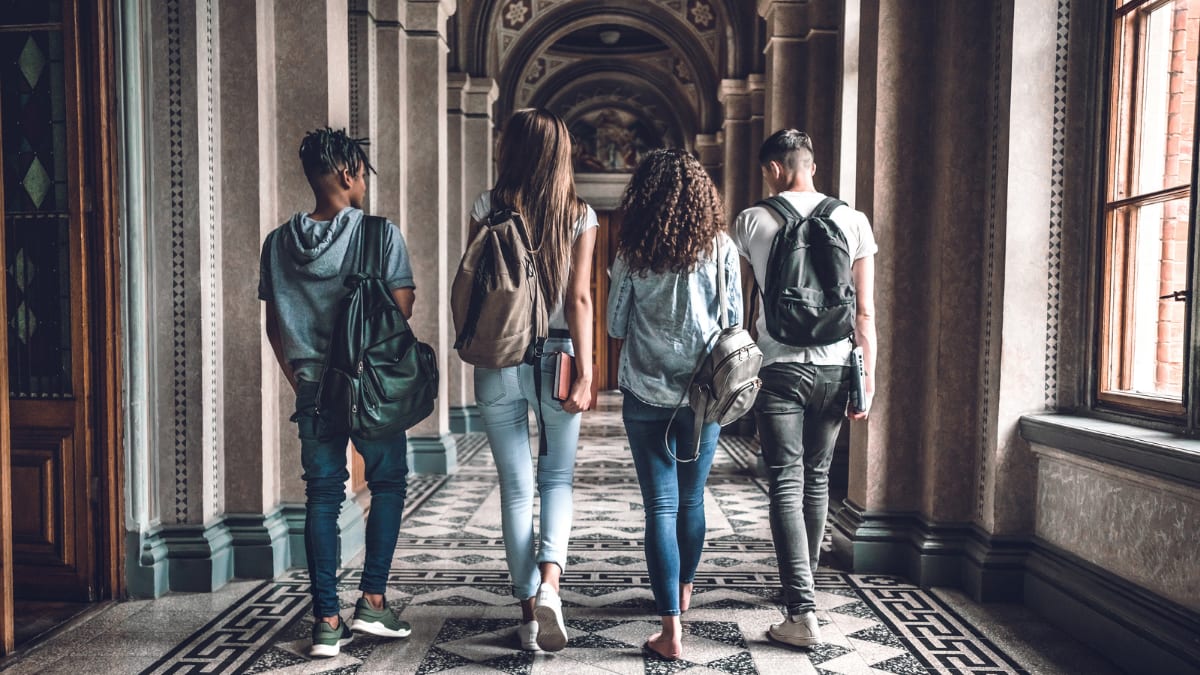 college students walking together