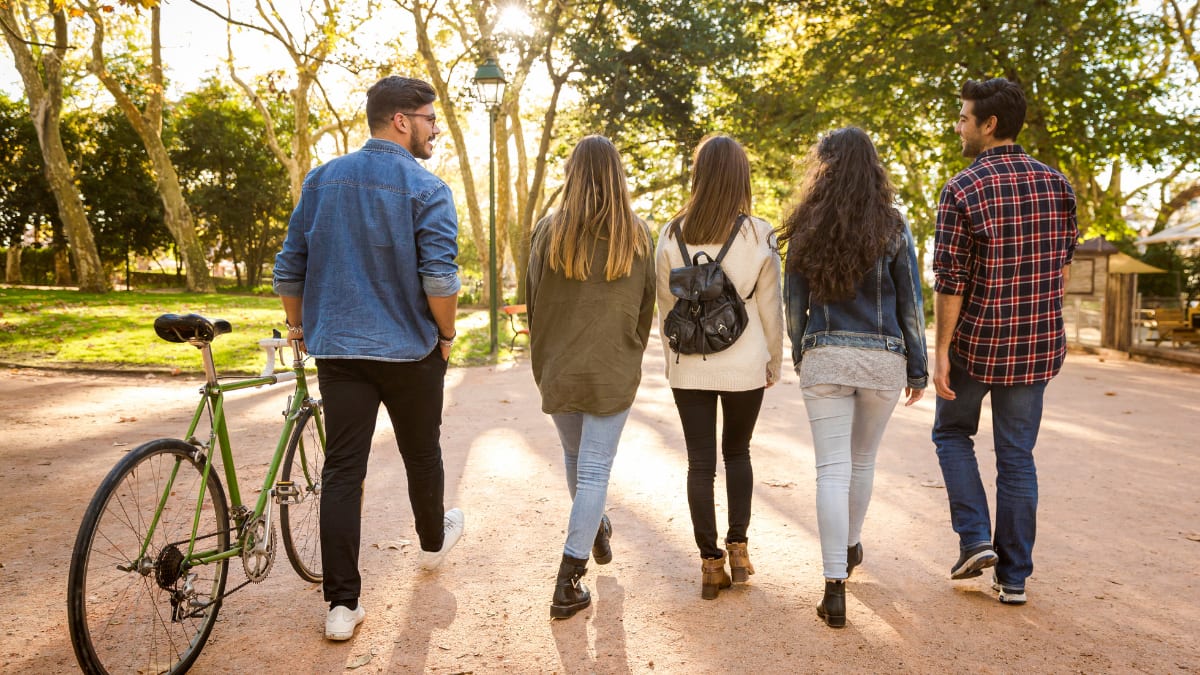 students walking in pretty setting
