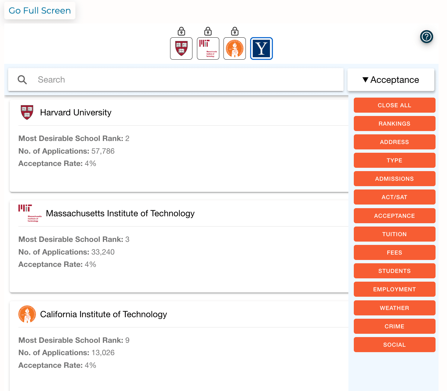a screenshot of college compare tool