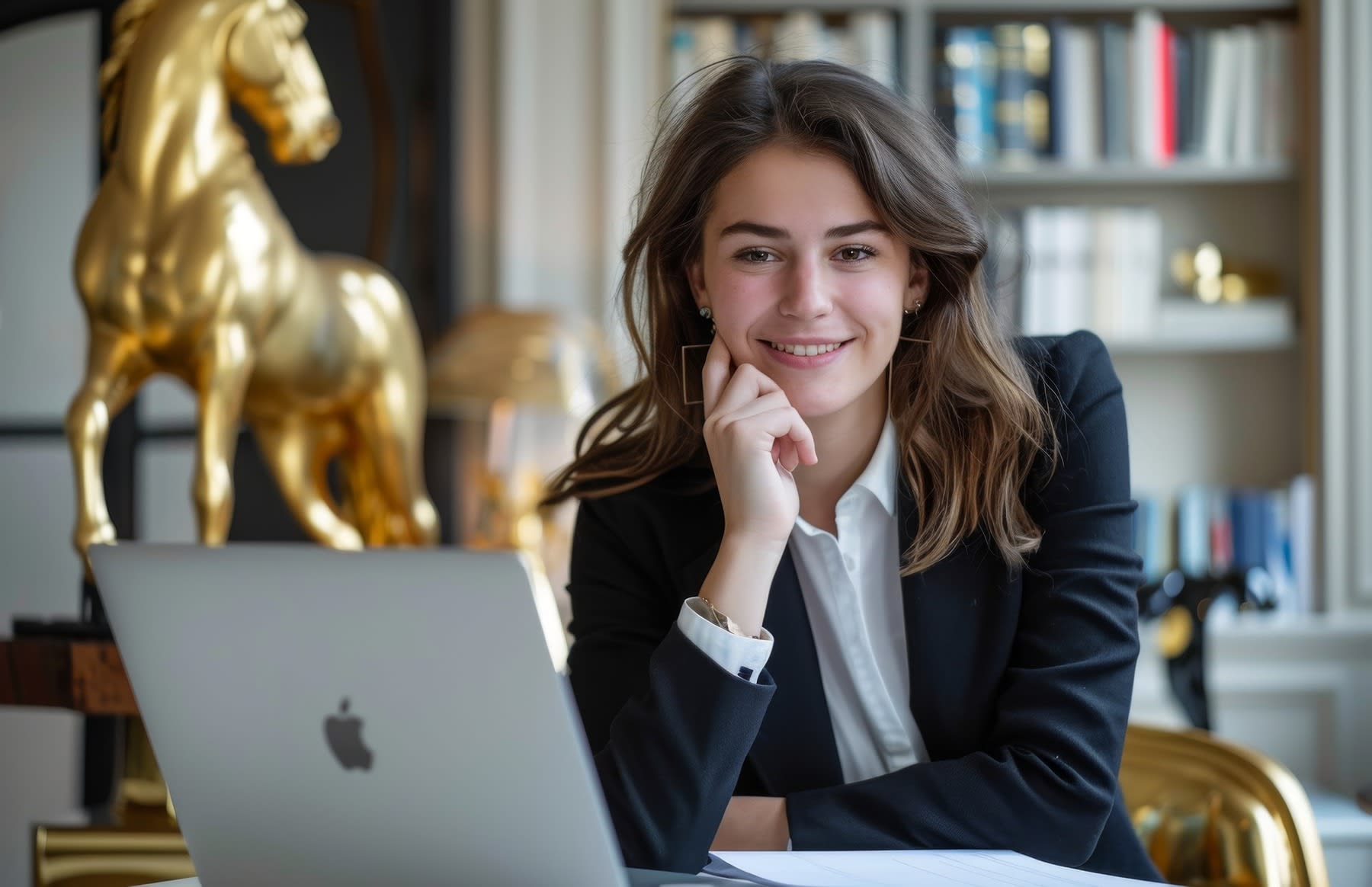 Woman with her hands on her chin with her laptop in front of her