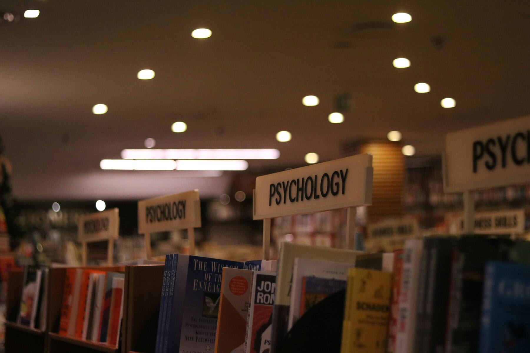 Pyschology books section on a bookstore shelf