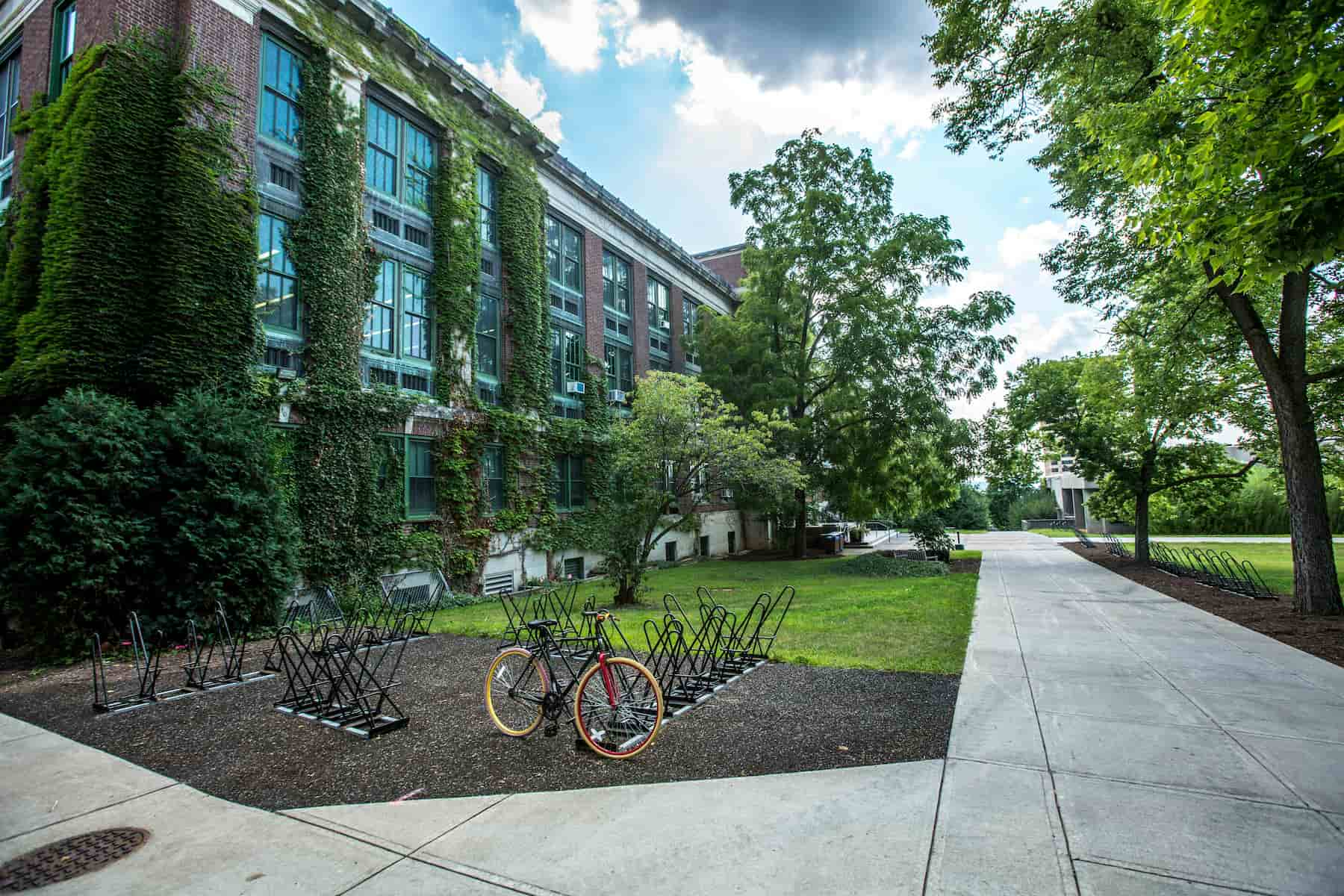 Bicycle rack in front of a school building