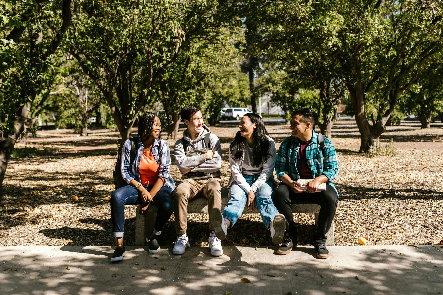 Students sitting on the bench in between classes