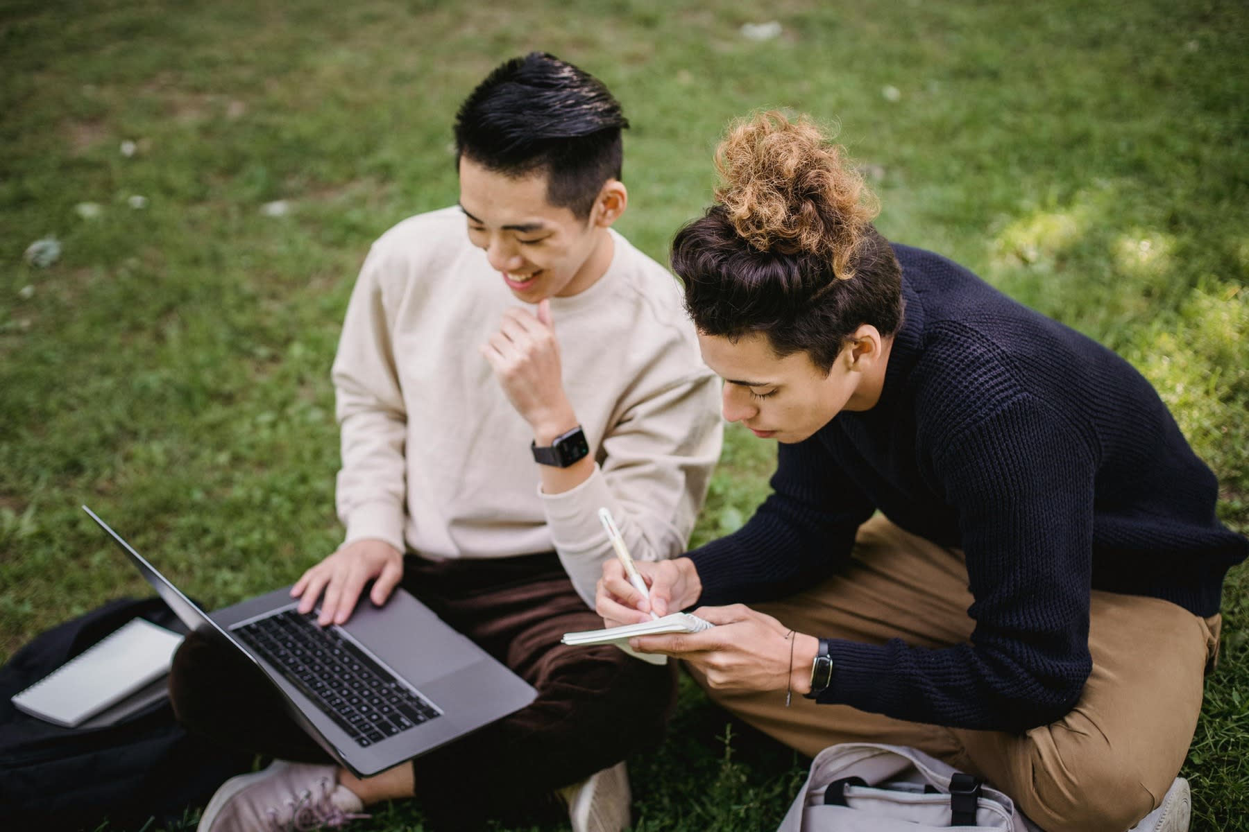 Two male students sitting on the campus lawn while looking at their laptop