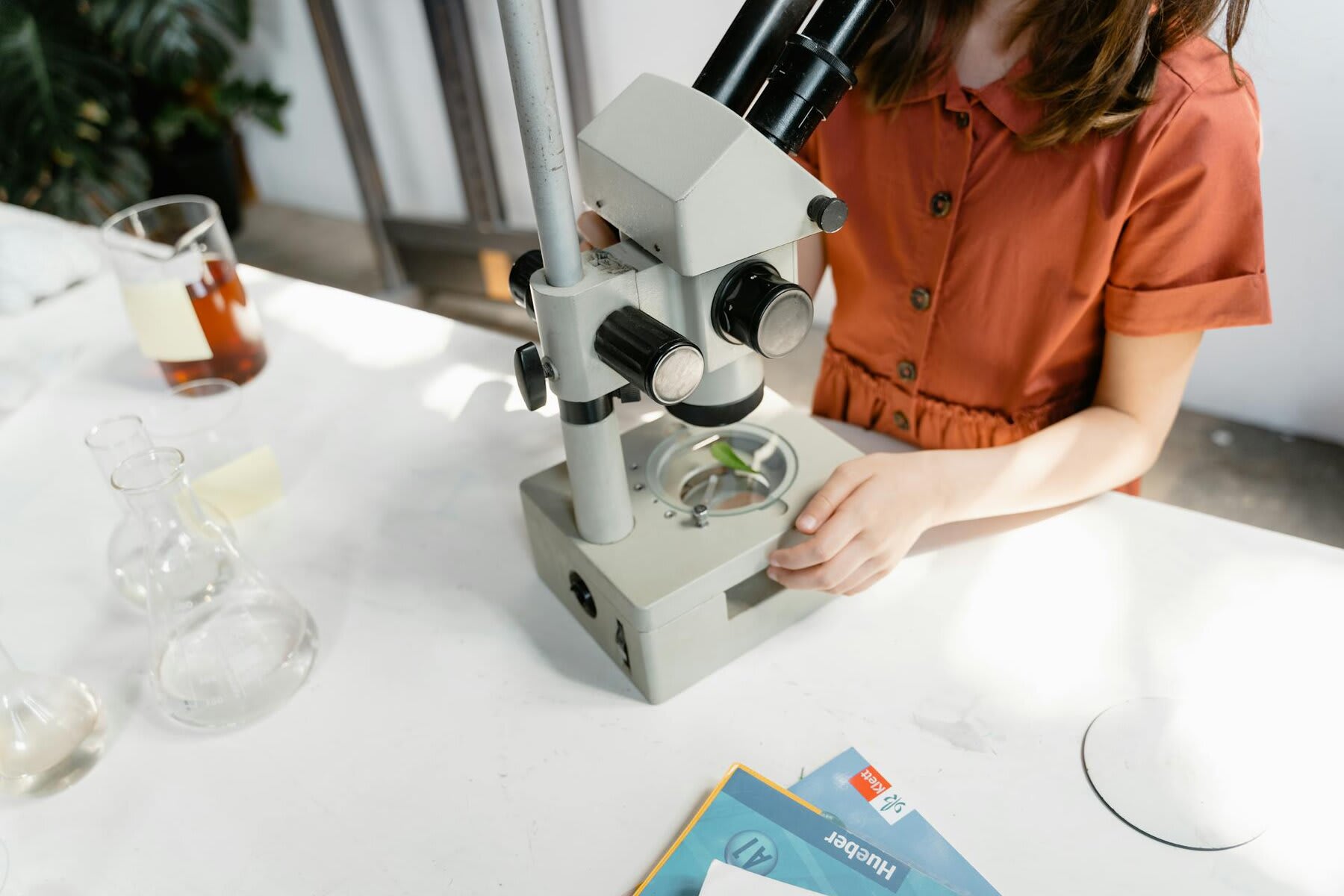 A woman examines a plant specimen through a microscope, showcasing her focus and dedication to scientific research