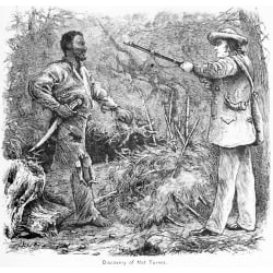 Drawing of a white man with a gun and a black man with a sword